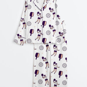 Women's Pickleball Pattern Play Long Sleeve Satin Pajamas Set