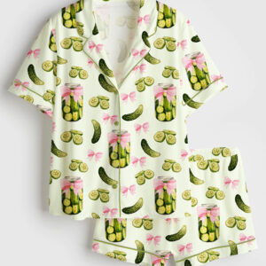 Womenâ€™s Pickles Coquette Cute Bow Pickle Jar Print Short Sleeve Satin Pajama Set