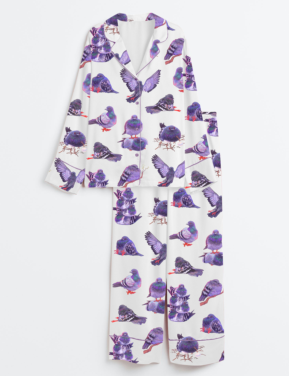 Womenâ€™s Pigeon Art Long Sleeve Satin Pajama Set