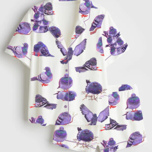 Women's Pigeon Art Short Sleeve Satin Pajama Set
