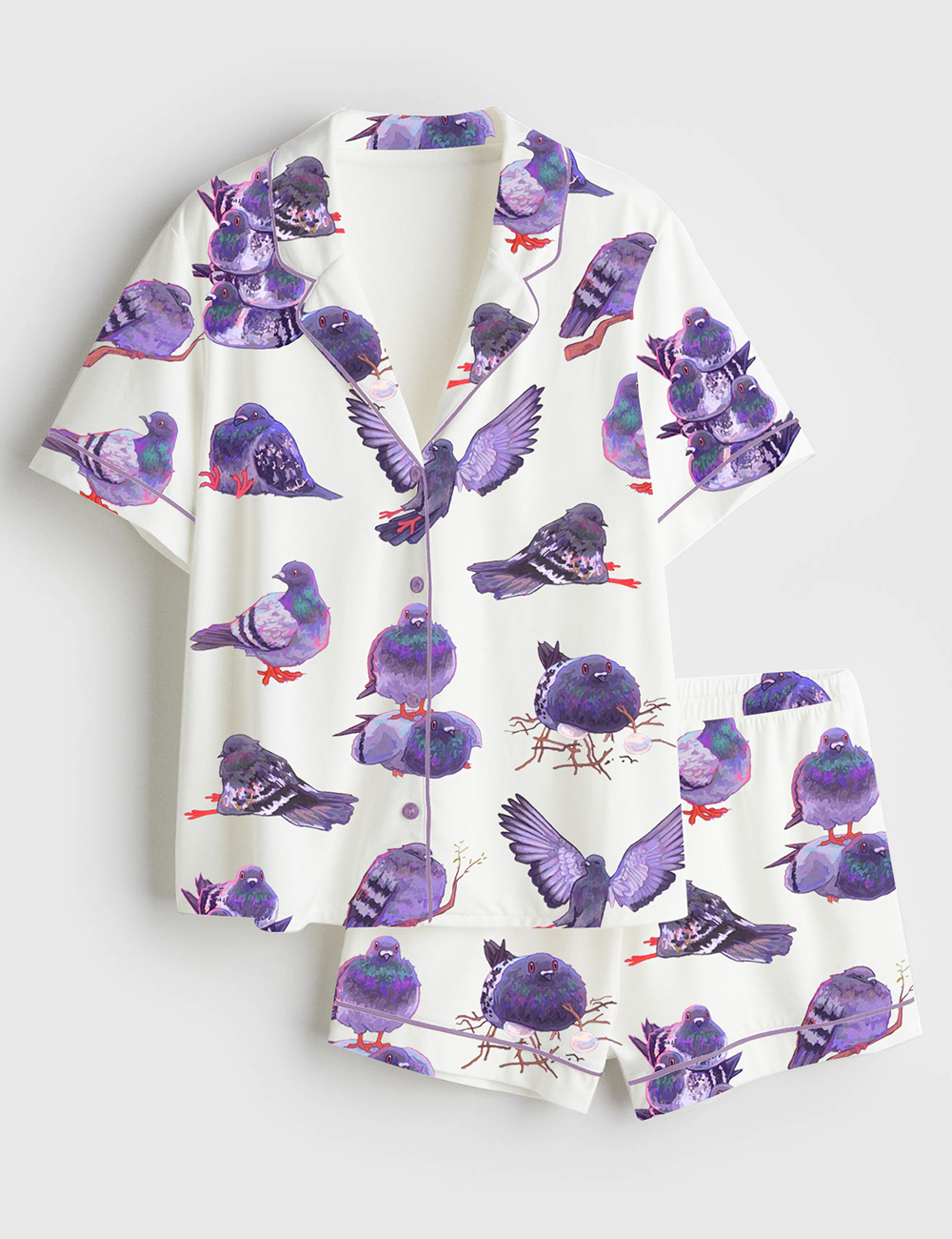 Womenâ€™s Pigeon Art Short Sleeve Satin Pajama Set