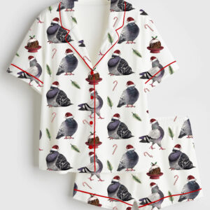 Women's Pigeons Christmas Puddings Christmas Short Sleeve Satin Pajama Set