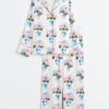 Women's Pink And Blue Hydrangea Chinoiserie Flowers In Blue And White Vase Print Long Sleeve Satin Pajamas Set
