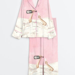 Women's Pink Champagne Bottle Watercolor Cocktail Long Sleeve Satin Pajama Set