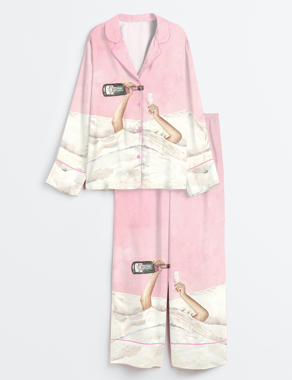 Women's Pink Champagne Bottle Watercolor Cocktail Long Sleeve Satin Pajama Set