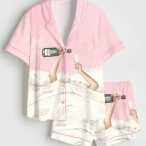 Womenâ€™s Pink Champagne Bottle Watercolor Cocktail Short Sleeve Satin Pajama Set