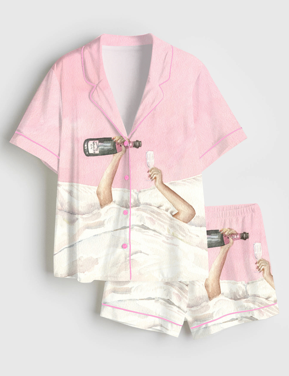 Women's Pink Champagne Bottle Watercolor Cocktail Short Sleeve Satin Pajama Set