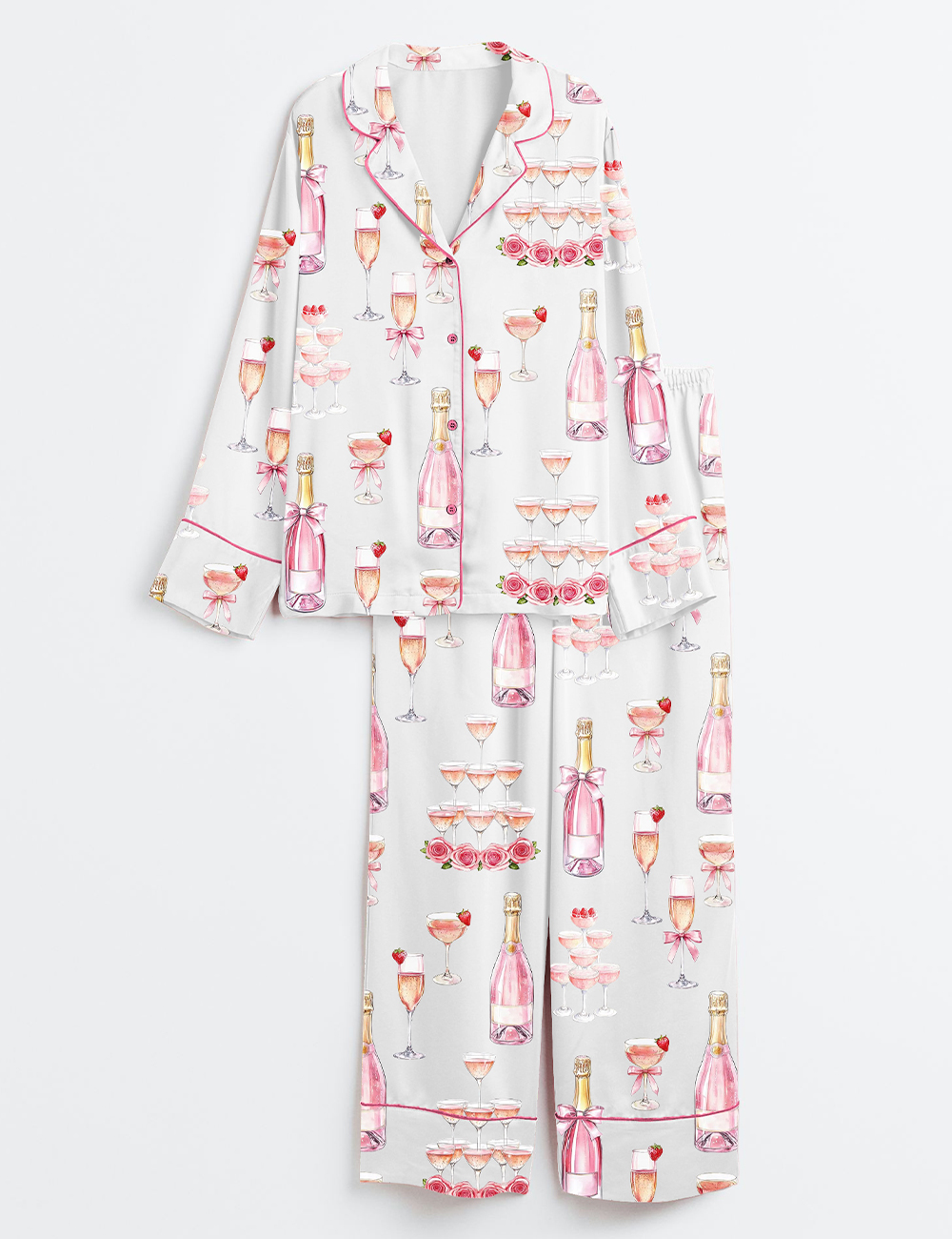 Women's Pink Champagne Bridal Shower Champagne Tower Celebration Long Sleeve Satin Pajama Set