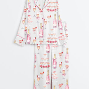 Women's Pink Champagne Bridal Shower Champagne Tower Celebration Long Sleeve Satin Pajamas Set