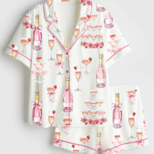 Women's Pink Champagne Bridal Shower Champagne Tower Celebration Short Sleeve Satin Pajama Set