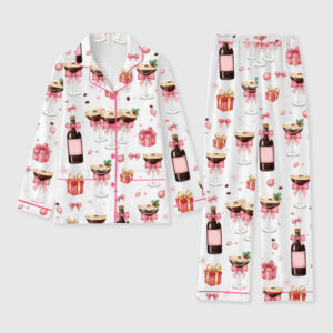 Women's Pink Champagne Cocktail Martini Holiday Whisky Christmas Gifts Long Sleeve Pocket Cotton Family Pajama Set