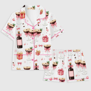 Women's Pink Champagne Cocktail Martini Holiday Whisky Christmas Gifts Short Sleeve Pocket Cotton Family Pajama Set