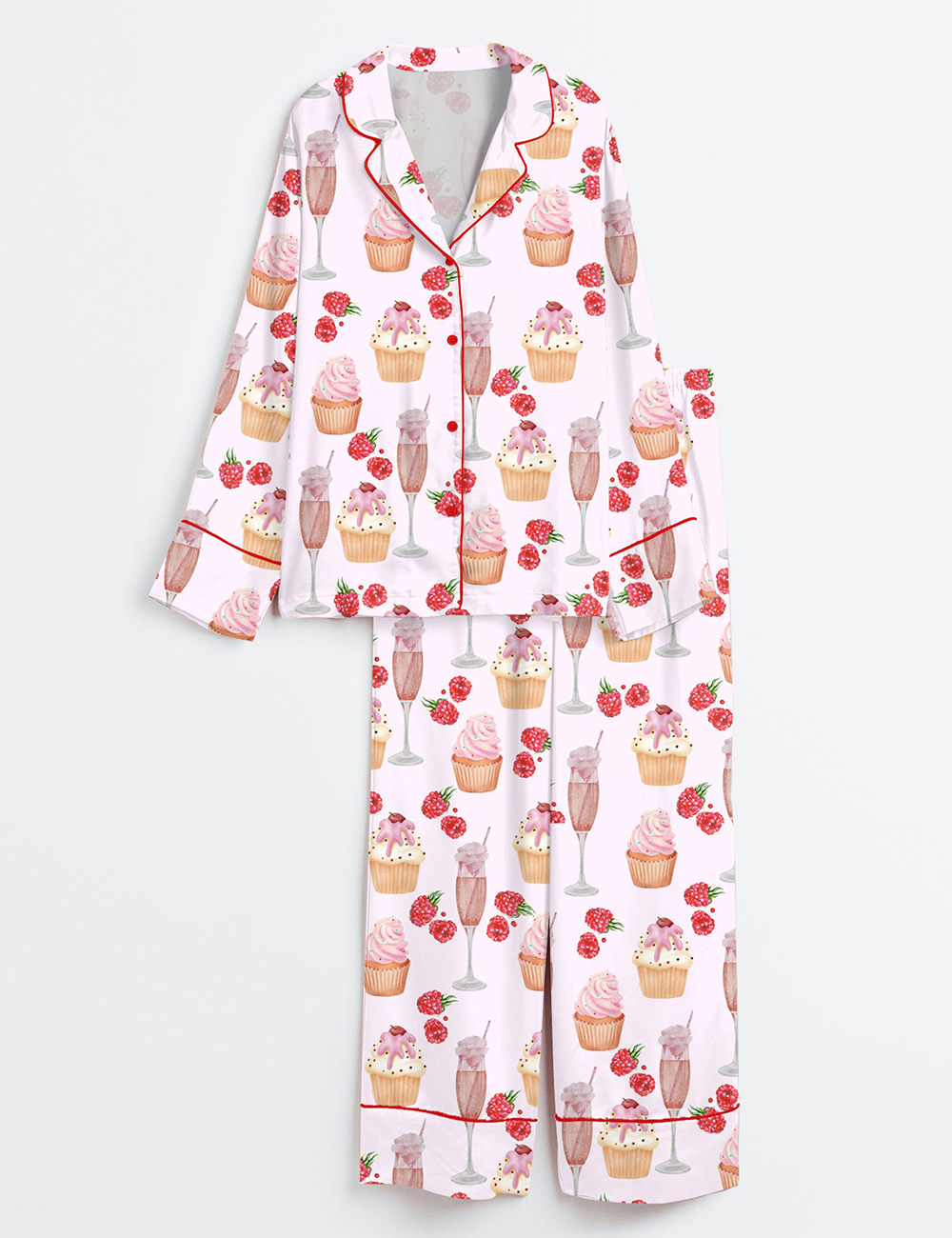 Womenâ€™s Pink Champagne Cup Cake Raspberry Picnic Party Long Sleeve Satin Pajama Set