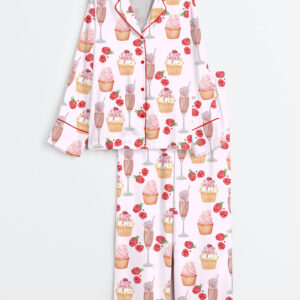 Women's Pink Champagne Cup Cake Raspberry Picnic Party Long Sleeve Satin Pajama Set