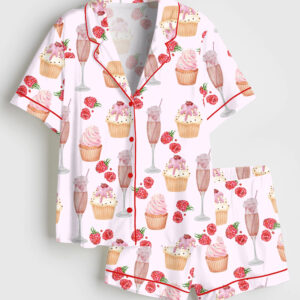 Womenâ€™s Pink Champagne Cup Cake Raspberry Picnic Party Short Sleeve Satin Pajama Set