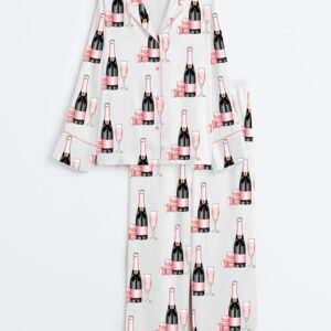 Womenâ€™s Pink Champagne Glass Dessert Long Sleeve Satin Pajama Set