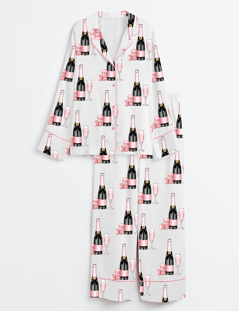 Womenâ€™s Pink Champagne Glass Dessert Long Sleeve Satin Pajama Set