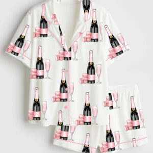 Womenâ€™s Pink Champagne Glass Dessert Short Sleeve Satin Pajama Set