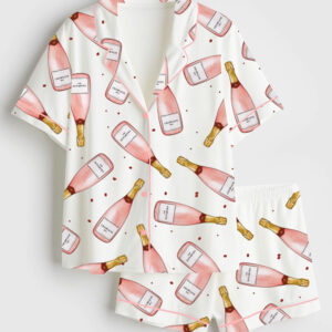 Womenâ€™s Pink Champagne Short Sleeve Satin Pajama Set