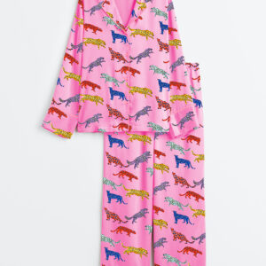 Women's Pink Cheetah Print Long Sleeve Satin Pajamas Set