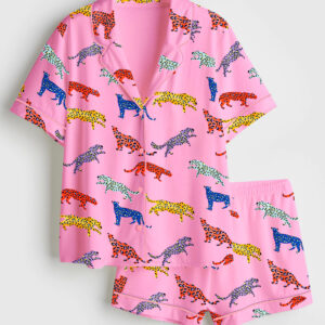 Women's Pink Cheetah Print Short Sleeve Satin Pajama Set