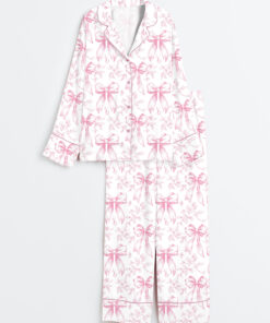 Women's Pink Chinoiserie Coquette Bow Floral Long Sleeve Satin Pajama Set