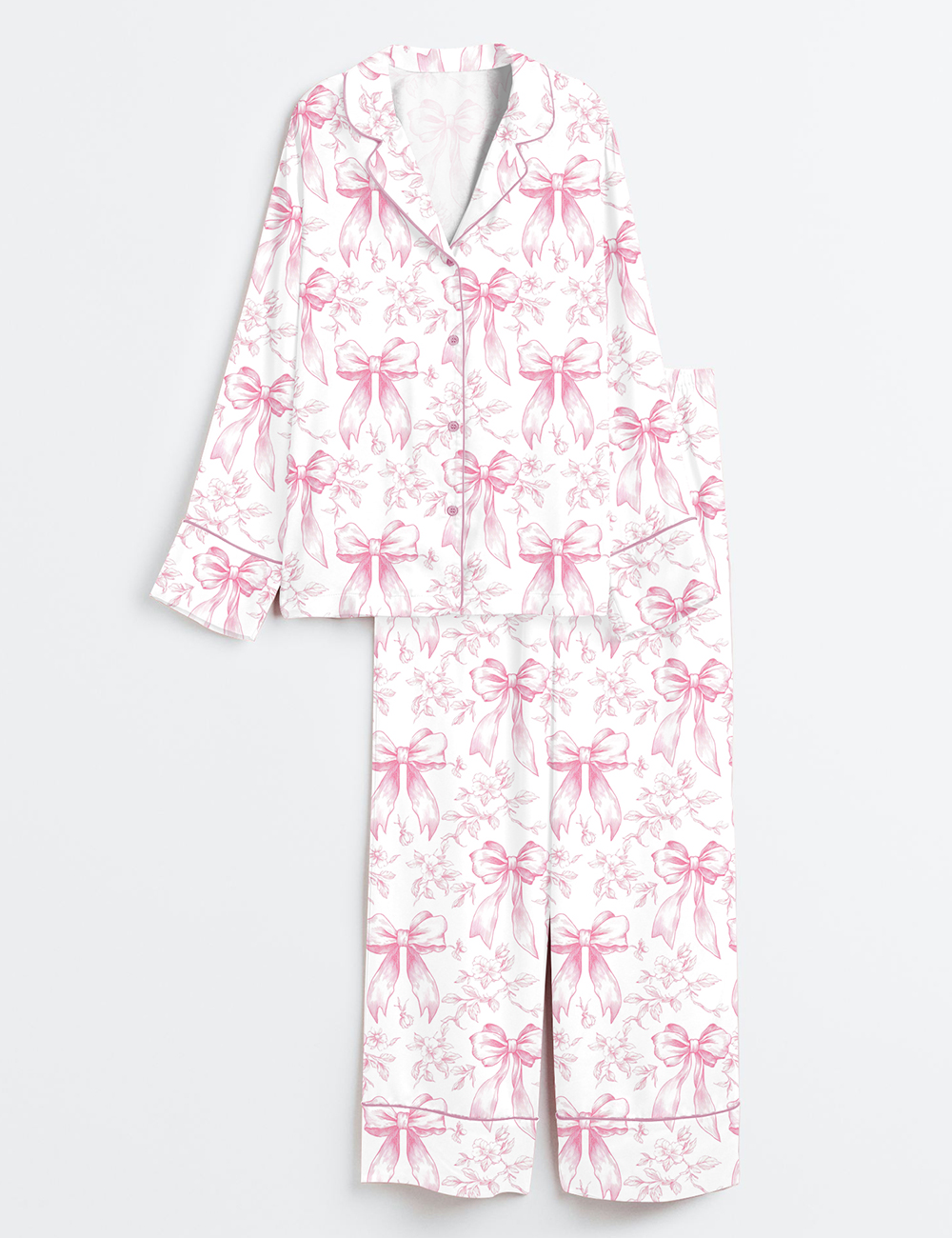 Women's Pink Chinoiserie Coquette Bow Floral Long Sleeve Satin Pajama Set
