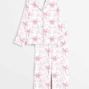Women's Pink Chinoiserie Coquette Bow Floral Long Sleeve Satin Pajamas Set