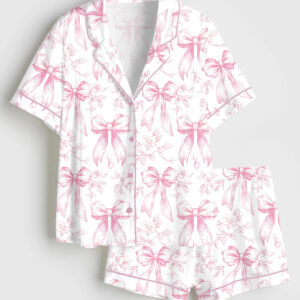 Women's Pink Chinoiserie Coquette Bow Floral Short Sleeve Satin Pajama Set