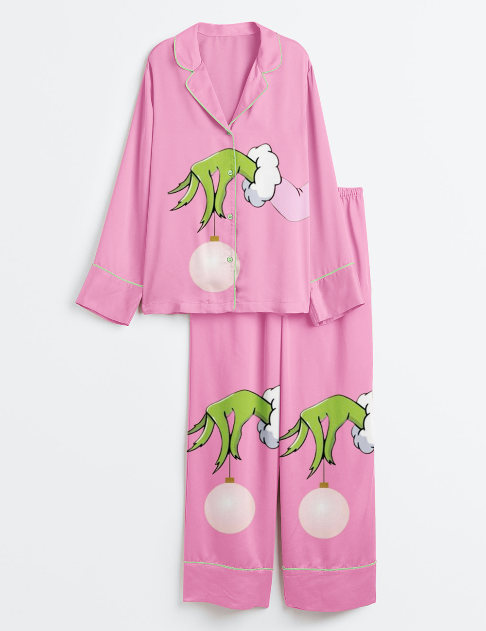Women’s Pink Christmas Grinch Long Sleeve Satin Pajama Set