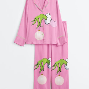 Women's Pink Christmas Grinch Long Sleeve Satin Pajama Set