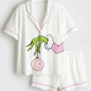 Alternative view of Women's Pink Christmas Grinch Long Sleeve Satin Pajamas Set