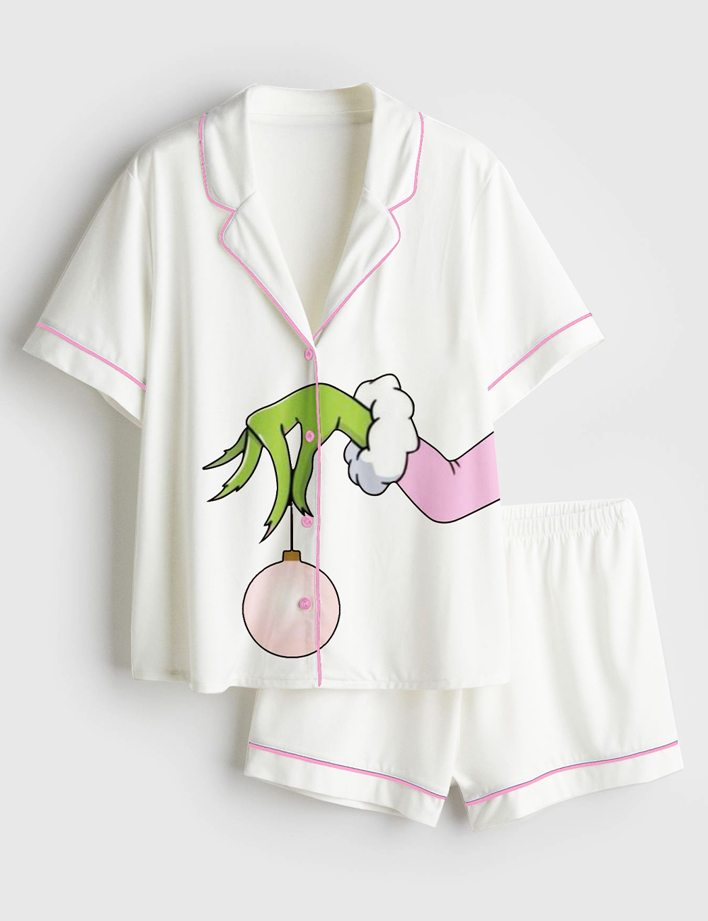 Women's Pink Christmas Grinch Long Sleeve Satin Pajamas Set - Image 2