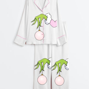 Alternative view of Women's Pink Christmas Grinch Long Sleeve Satin Pajamas Set