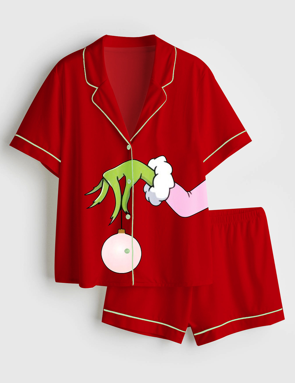 Women's Pink Christmas Grinch Long Sleeve Satin Pajamas Set - Image 3