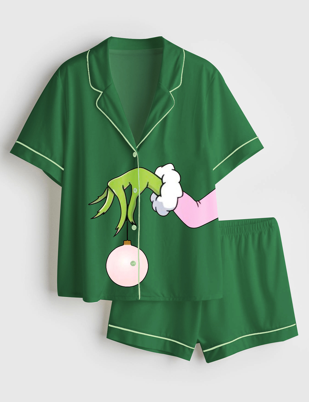 Women's Pink Christmas Grinch Long Sleeve Satin Pajamas Set - Image 4