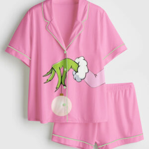 Women's Pink Christmas Grinch Short Sleeve Satin Pajama Set