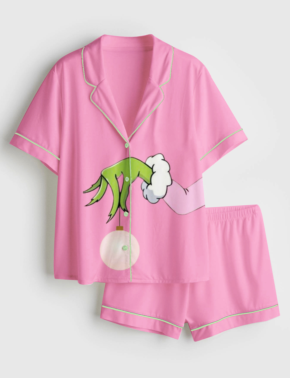 Women's Pink Christmas Grinch Short Sleeve Satin Pajamas Set