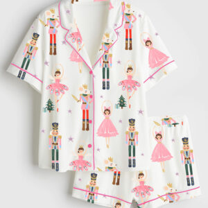 Women's Pink Christmas Nutcracker Ballet Sugar Plum Fairy Short Sleeve Satin Pajama Set