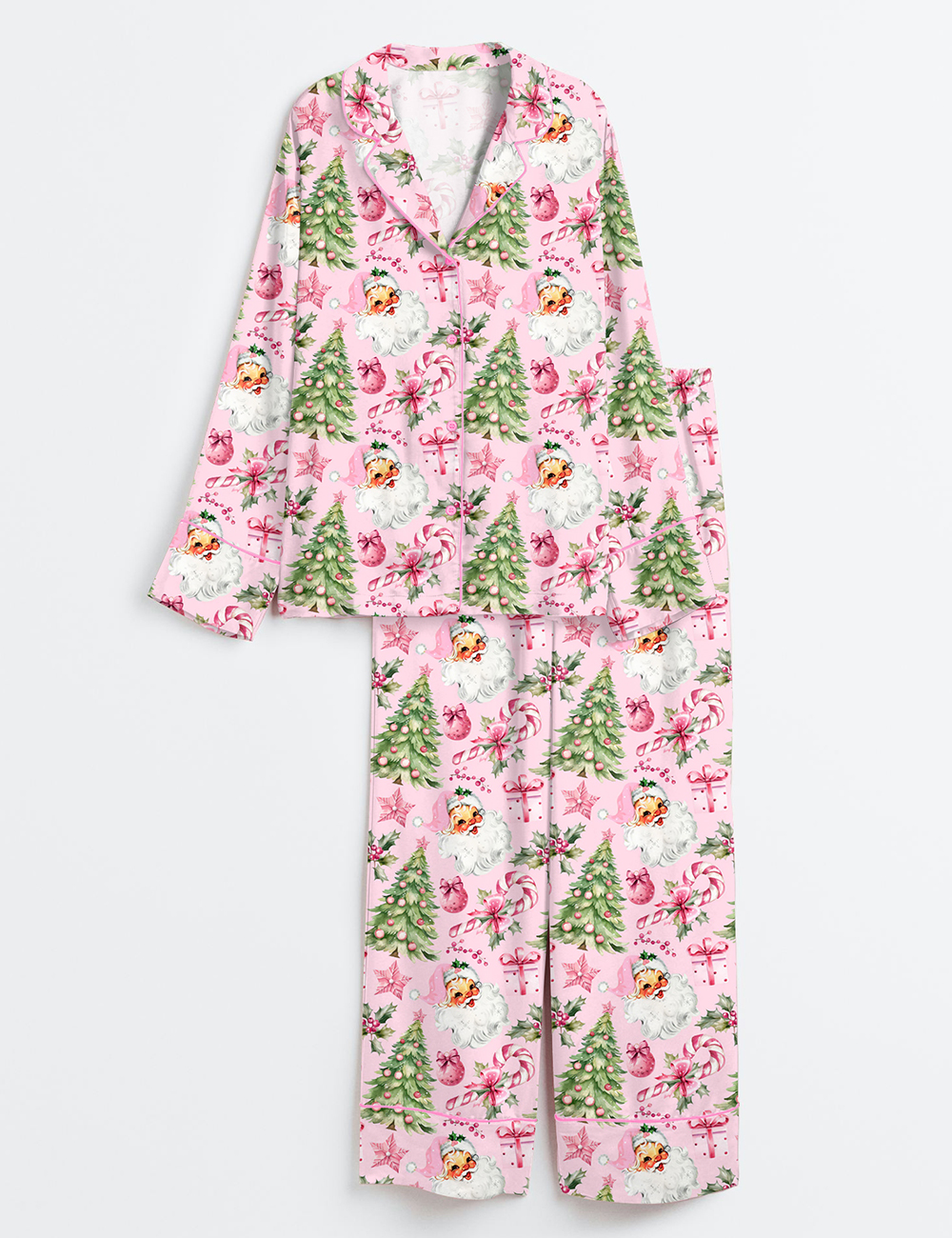 Womenâ€™s Pink Christmas Santas And Trees Long Sleeve Satin Pajama Set