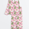 Women's Pink Christmas Santas And Trees Long Sleeve Satin Pajamas Set
