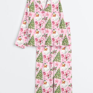Women's Pink Christmas Santas And Trees Long Sleeve Satin Pajamas Set