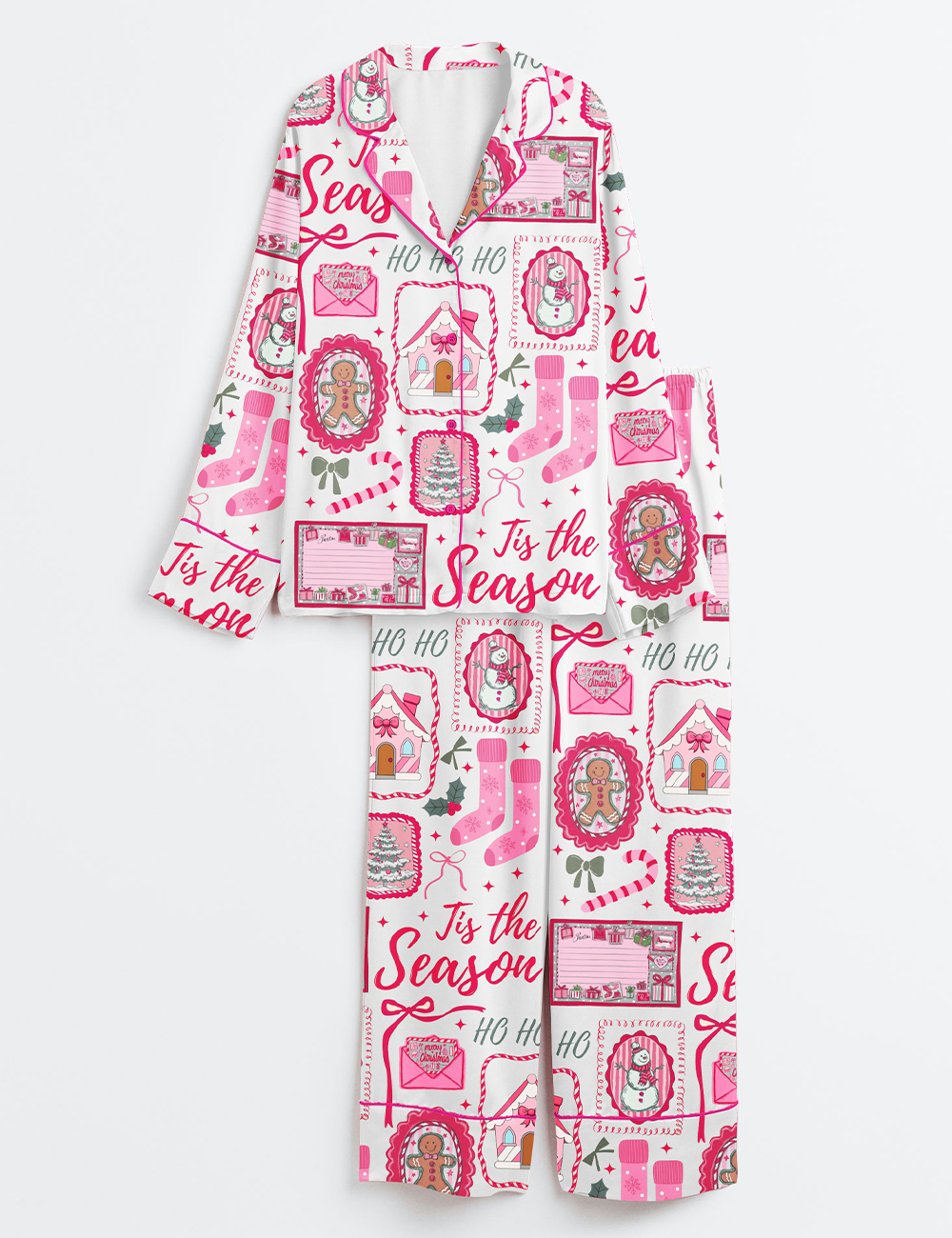 Women’s Pink Christmas Tis The Season Xmas Girly Holiday Long Sleeve Satin Pajama Set