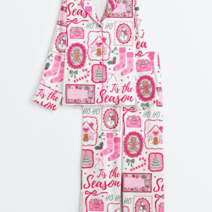 Women's Pink Christmas Tis The Season Xmas Girly Holiday Long Sleeve Satin Pajama Set