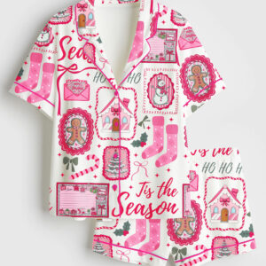 Womenâ€™s Pink Christmas Tis The Season Xmas Girly Holiday Short Sleeve Satin Pajama Set