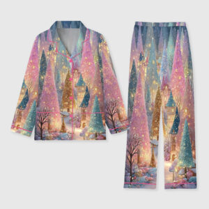 Women's Pink Christmas Tree Long Sleeve Pocket Cotton Pajama Set