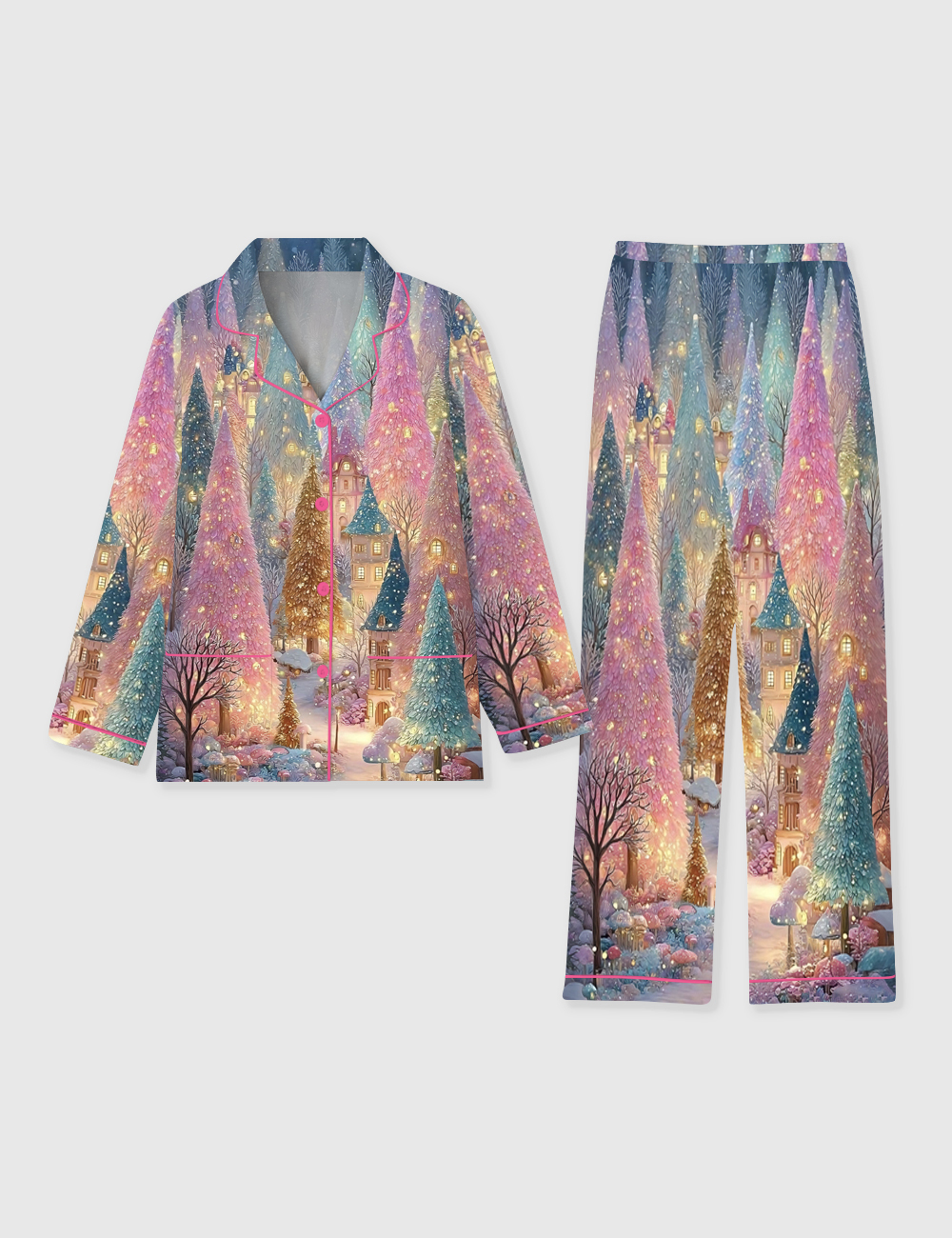 Women's Pink Christmas Tree Long Sleeve Pocket Cotton Pajamas Set