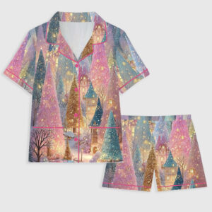 Women's Pink Christmas Tree Short Sleeve Pocket Cotton Pajama Set