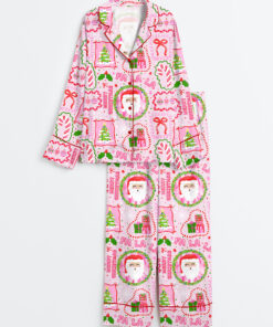 Women's Pink Christmas Trendy Christmas Tree Merry Christmas Fa La La Christmas Snow Print Long Sleeve Satin Pajama Set