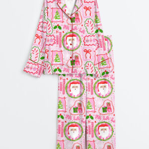 Women's Pink Christmas Trendy Christmas Tree Merry Christmas Fa La La Christmas Snow Print Long Sleeve Satin Pajamas Set